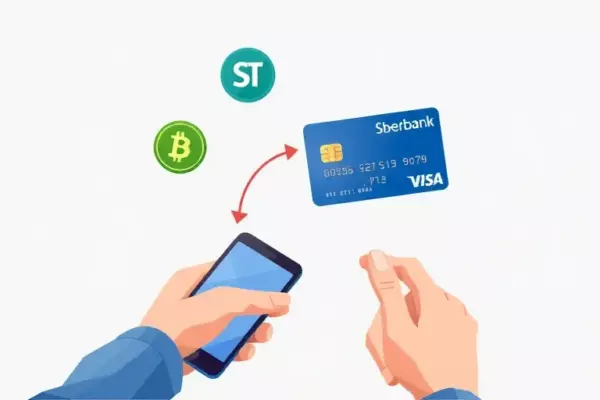A modern, high‑resolution illustration showing a person using a smartphone to exchange digital currencies (represented by the USDT logo and a Bitcoin symbol) into a Sberbank debit card. The scene includes floating icons of USDT and Bitcoin moving toward the card, with a subtle arrow indicating conversion, set against a clean, tech‑savvy background with soft lighting and no textual elements.
